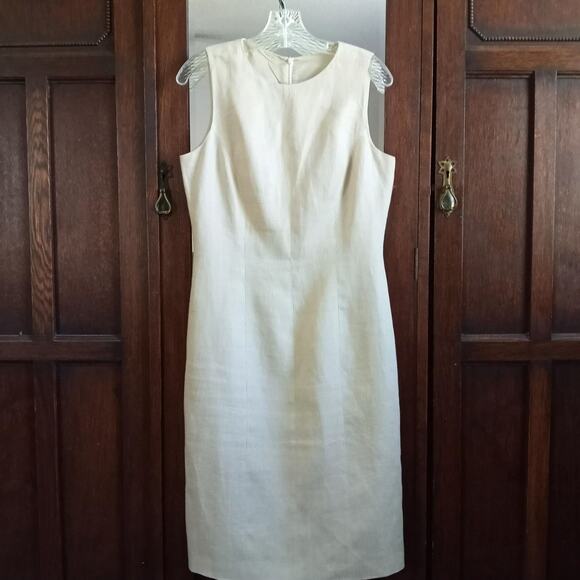 GRUPPO Italy 100% Linen Flax Dress SZ M Lined Sleeveless Sheath Back Zip Tan - Picture 1 of 10